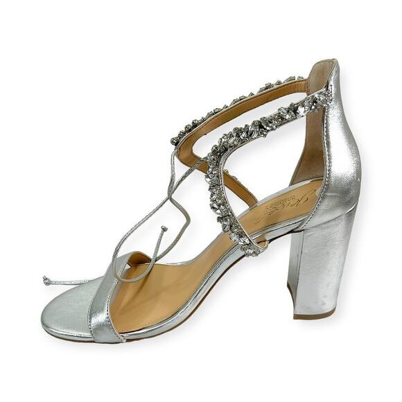Jewel Badgley Mishka NEW Thamar Crystal Strappy Block Heel Silver Women's Sz 8.5 - Picture 2 of 14